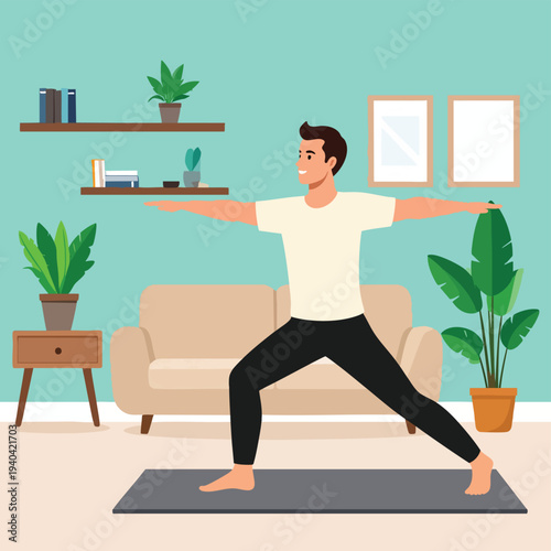 A man practicing yoga in a serene living room with plants and a sofa from a side viewpoint