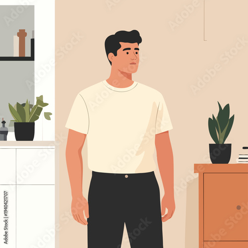 A man standing in a room with furniture and plants around him, viewed from the side.