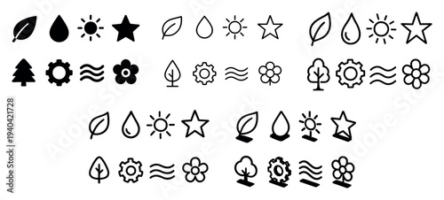 Nature icons with leaf droplet sun minimal outline