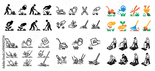 Gardening icons with mower rake watering can minimal