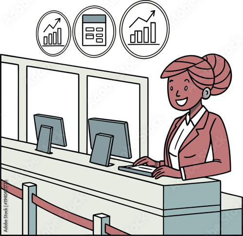 Vector illustration of smiling businesswoman at bank counter