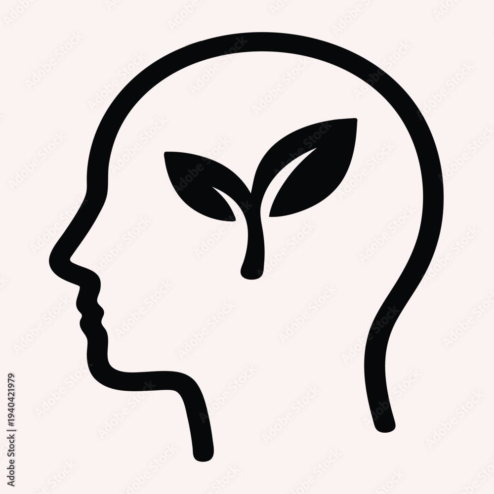 Obraz premium Web Minimal Growth Mindset Human Head with Sprouting Leaf Flat Vector Icon, Personal Development and Mental Growth Concept, Clean Line Design on White Background