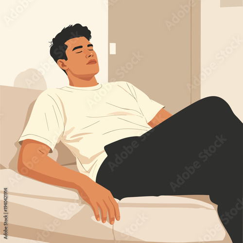 Man relaxing on a bed in a serene indoor environment viewed from the side