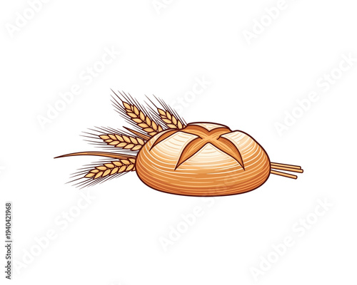 A rustic illustration depicting a round loaf of bread with a cross-cut, accompanied by golden wheat stalks, symbolizing harvest and sustenance.