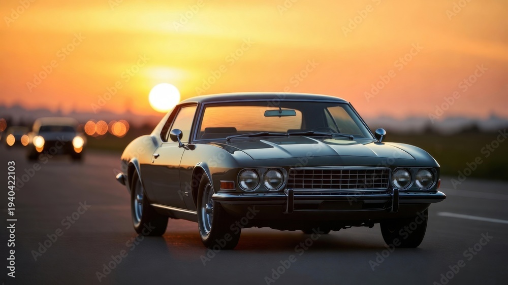 Fototapeta premium Vintage car driving at sunset.