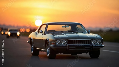 Vintage car driving at sunset.