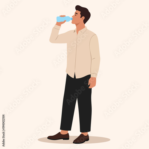 Man drinking water from a bottle standing in a relaxed pose