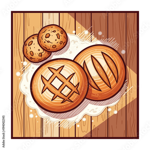 Top-down view of freshly baked bread and cookies on a rustic wooden table, with warm lighting.