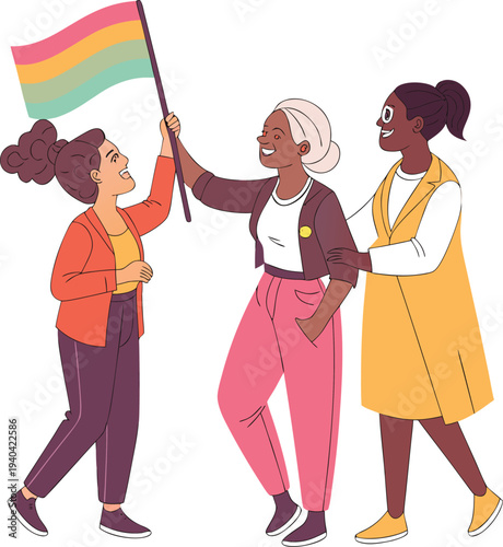 Vector illustration of three diverse women with rainbow flag