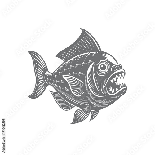 A detailed monochrome illustration of an aggressive piranha fish with sharp teeth, depicted in a vintage woodcut style.