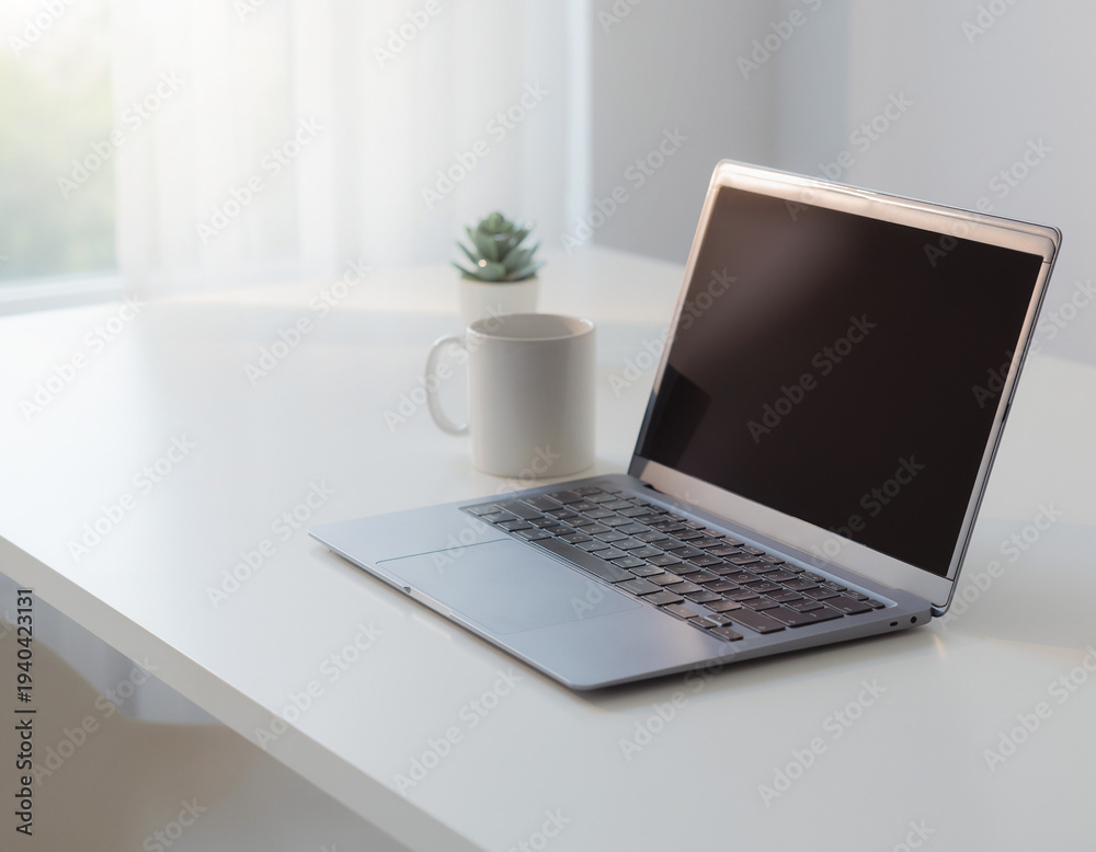 Fototapeta premium Minimal Laptop Workspace on Clean White Desk