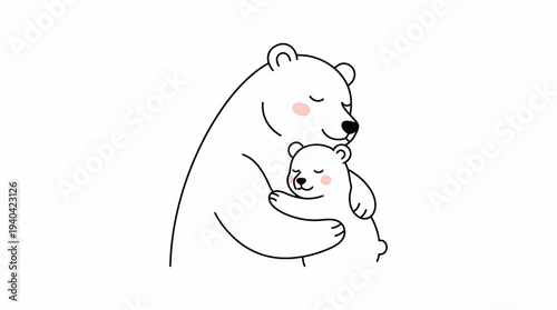 A heartwarming illustration captures a loving polar bear mother gently embracing her adorable cub, symbolizing maternal affection and strong family bonds.