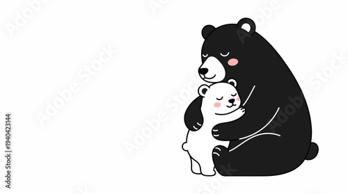A heartwarming illustration depicts a large black bear tenderly embracing a small white cub, symbolizing profound parental love, care, and family bonds.