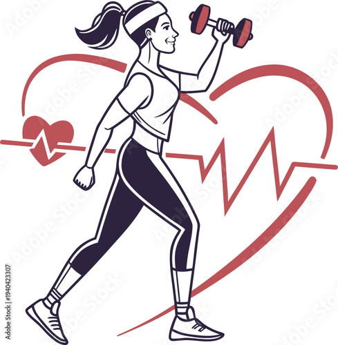 Vector illustration of woman exercising with dumbbell and heart rate line