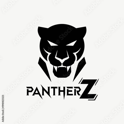 Creative black and white panther head logo design where the word "Panther" forms the animal's neck and body, minimalist vector illustration for sports mascots or corporate branding.