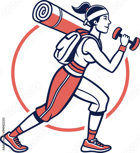 Vector illustration of woman with yoga mat and dumbbell