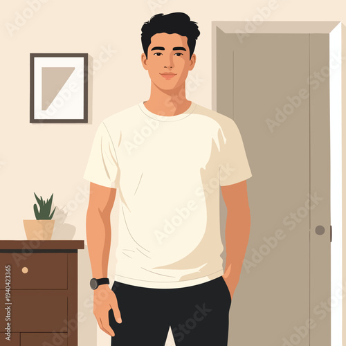 A young man standing in a room with a dresser and a door, wearing casual attire