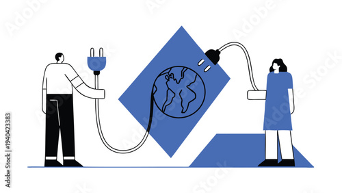person plugging charger into earth renewable energy abstract concept vector illustrations