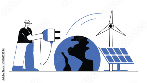 person plugging charger into earth renewable energy abstract concept vector illustrations