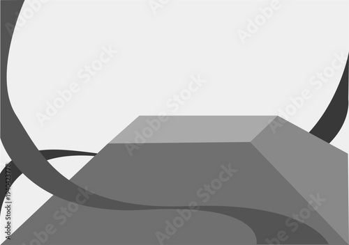 Grey background with a Trapezoidal Prism shaped stage at the bottom for product placement with dark grey ribbons hanging around it