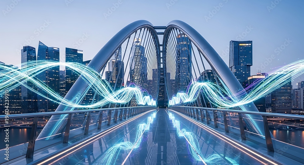 Fototapeta premium Futuristic Cityscape Bridge with Neon Lights.