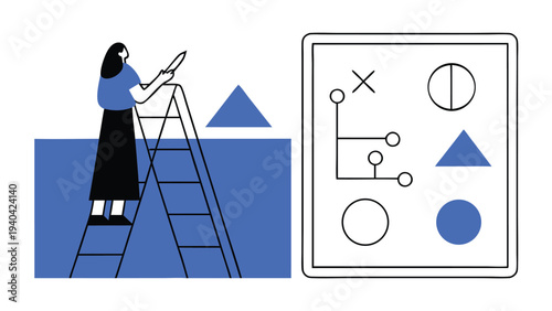 Woman on ladder drawing flowchart on board abstract concept vector illustrations
