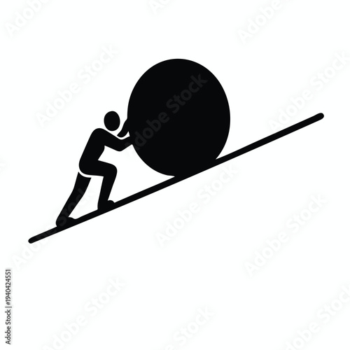 Web  Minimal Perseverance Concept Icon, Person Pushing Large Circle Uphill Silhouette, Hard Work Effort and Determination Flat Vector Design Isolated on White Background