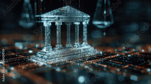 Digital courthouse hologram justice law technology legal concept courtroom interface cyber security data network glowing abstract city