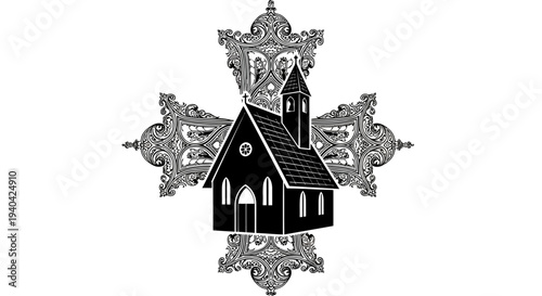 Ornate Christian Church Silhouette with Decorative Cross Emblem