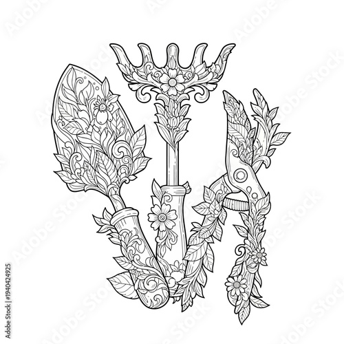 Ornate Garden Tools with Floral Embellishments - Coloring Page