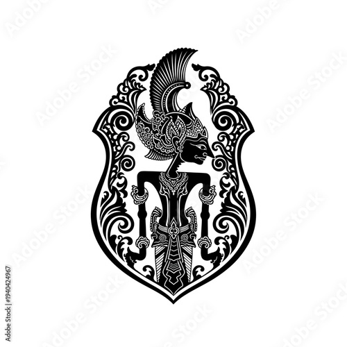 Ornate Wayang Kulit Puppet Silhouette Emblem, Traditional Indonesian Art