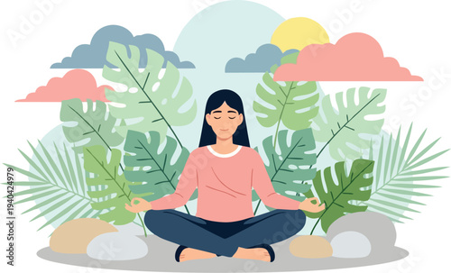 Young woman meditating in a lotus yoga position at a summer beach vector illustration featuring a relaxation silhouette against a nature sea background with palm trees