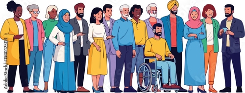 A smiling group of business people, construction workers in uniform, and doctors stand in a row with a diverse team of students and fashionably dressed men and women in a crowded crowd silhouette