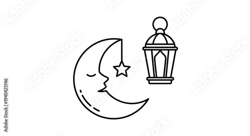 Crescent Moon and Lantern Illustration.