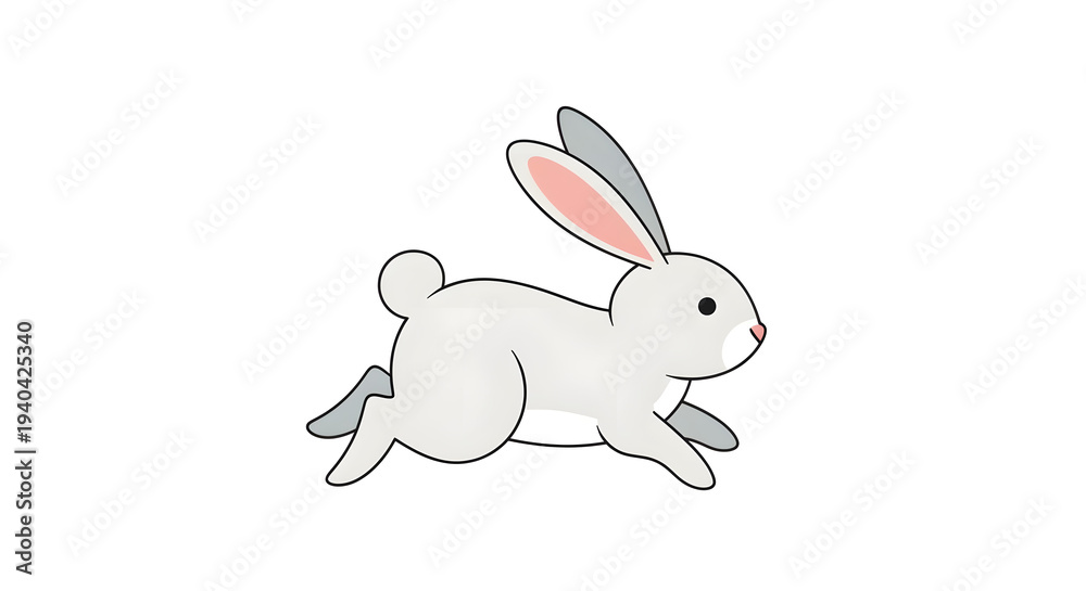 Fototapeta premium Cute white rabbit with a bow sitting beside colorful Easter eggs in a cartoon vector illustration