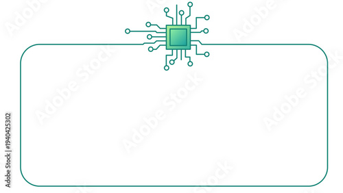Modern microchip CPU icon with text frame for technology, AI, and cybersecurity. Clean digital circuit design for hardware and software themes.