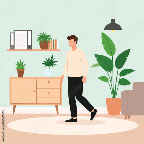Man walking in a serene living room with plants and furniture from a relaxed viewpoint