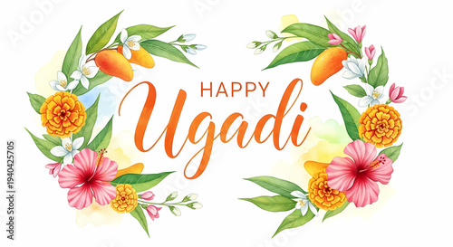 A vibrant watercolor illustration celebrating Ugadi, featuring floral arrangements, mangoes, and the text 'Happy Ugadi'.