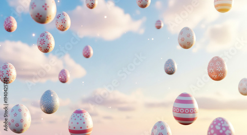 A whimsical collection of decorative Easter eggs gently floating against a soft, pastel sky with scattered clouds and subtle sparkles with copyspace
