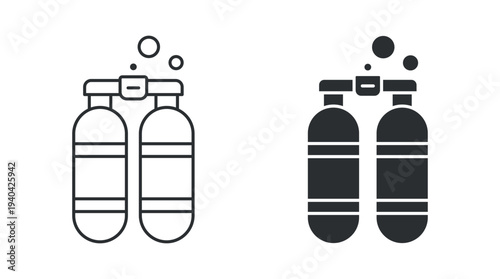 Scuba oxygen tank icon set, diving air cylinders underwater equipment symbol, in outline and solid silhouette style. Vector illustration.