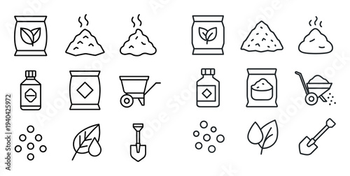 Gardening icons with seed bag wheelbarrow minimal