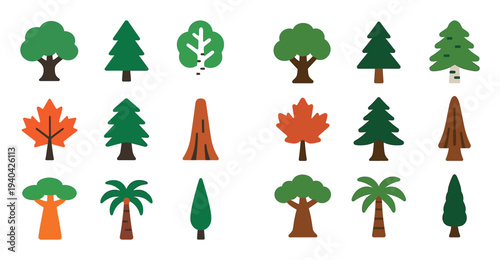 Nature icons with tree pine maple flat colorful