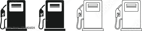 Black and white icons of a gas pump with hose and nozzle on white background fuel station gasoline
