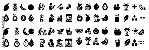 Tropical fruit icons with pineapple banana mango colorful