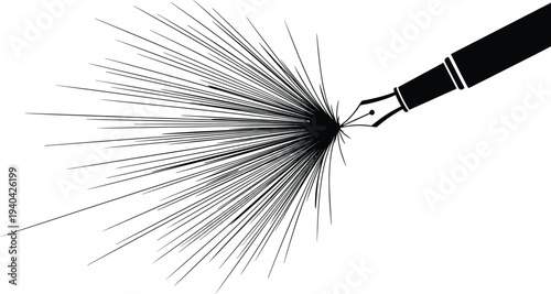 Black fountain pen nib with radiating lines on white background writing creativity