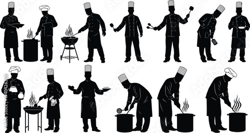 Black Silhouette Collection Of Chefs Cooking And Preparing Food On White Keywords: chef, cooking, silhouette, food, kitchen