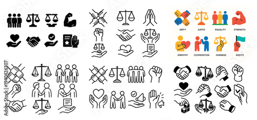 Justice icons with scale hand heart minimal