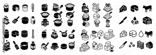 Dairy icons with cheese wheels butter pots flat