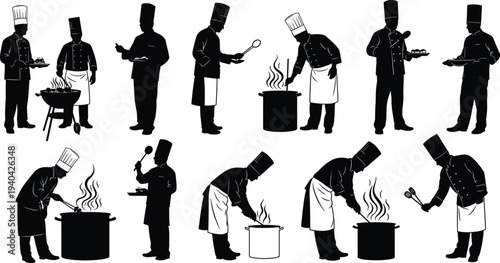 Black Silhouette Collection Of Chefs Cooking And Preparing Food On White Keywords: chef, cooking, silhouette, food, kitchen