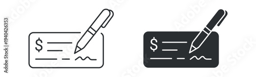 Check payment icon set, bank check with pen financial document symbol, in outline and solid silhouette style. Vector illustration.